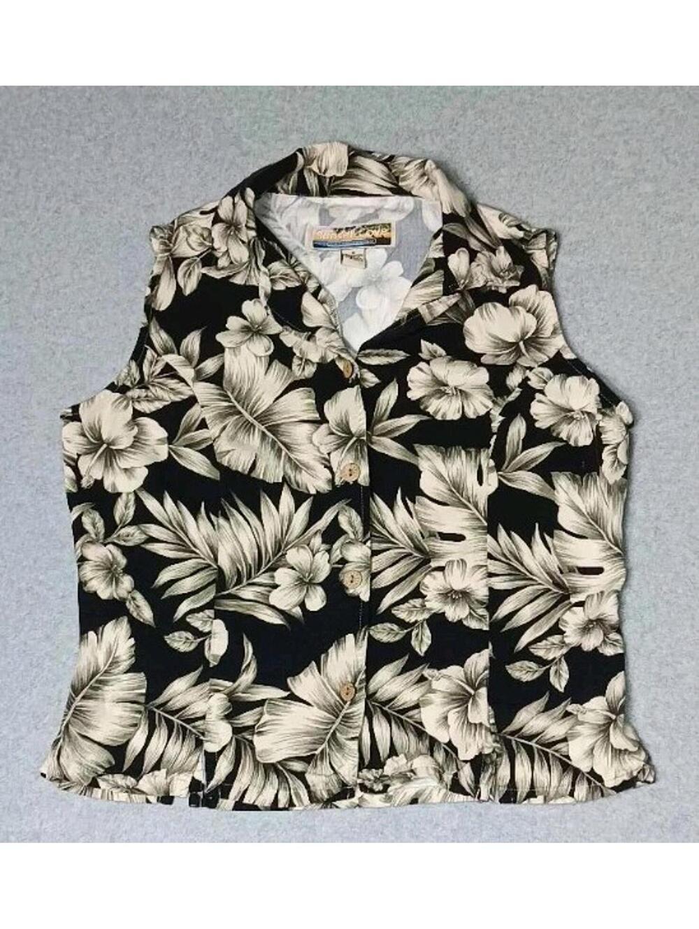 Vintage Sunset Cove Sleeveless Button Up Hawaiian Shirt Womens Size Medium Black